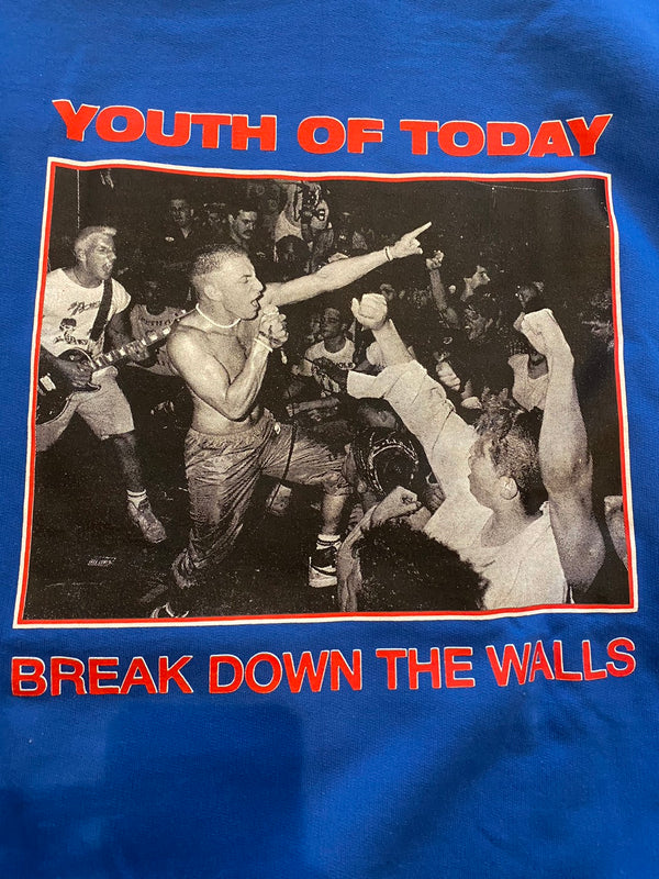 【USED】【早い者勝ち！】【XL】Youth Of Today /ユース・オブ・トゥデイ - Break Down The Walls プルオーバーパーカー(ブルー)Championボディー