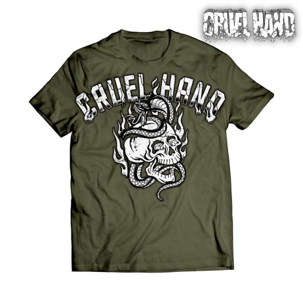 【お取り寄せ】Cruel Hand /クルーエル・ハンド - Skull, Cobra, Fire & Dice Tシャツ(ミリタリーグリーン)